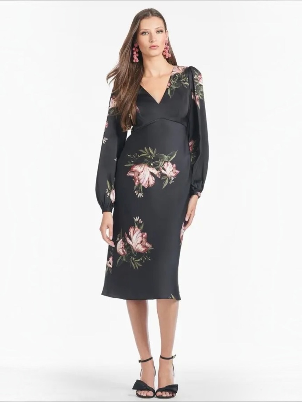 Sachin & Babi Lola Printed Satin Crepe Dress Black Floral V Neck Midi Dress NEW